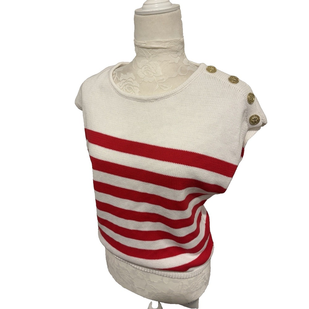 BRIT NY Cotton Sweater~M~Red White Stripes Anchor Btn Fisherman Nautical Coastal